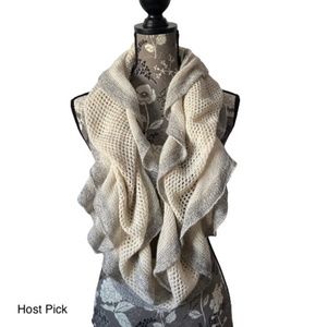 Vintage One Size Gray & Tan With Lurex Wrap Around Knit Infinity Ruffled Scarf